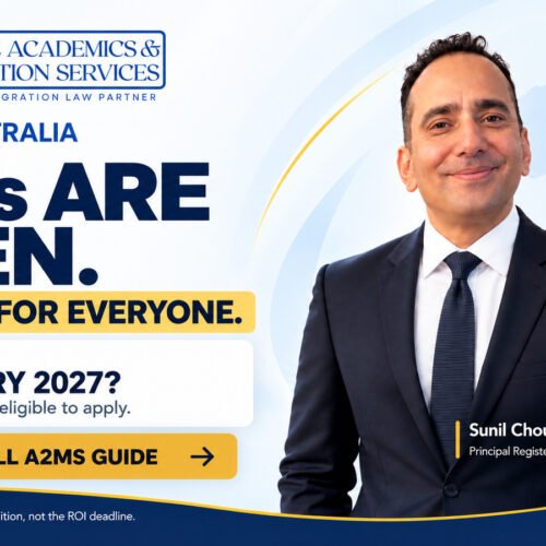 A2MS South Australia Skilled Migration 2026-27 guide. Sunil Choudhary, Principal Registered Migration Agent MARN 2418425, appears beside the message South Australia ROIs are open but not for everyone, with visa expiry 31 January 2027 and read the full guide.