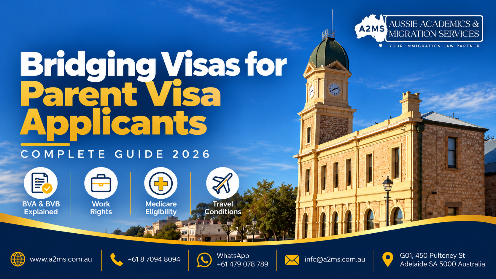 Bridging Visas for Parent Visa Applicants 2026 A2MS guide banner covering BVA and BVB, work rights, Medicare eligibility and travel conditions