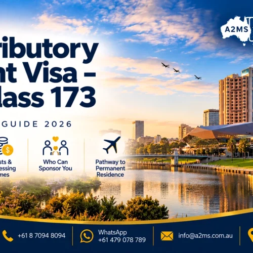 A2MS 2026 Contributory Parent visa subclass 173 guide with Adelaide Riverbank cityscape