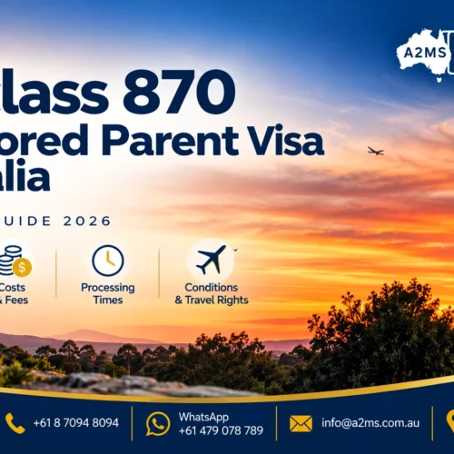A2MS 2026 Sponsored Parent visa subclass 870 guide with Australian sunset landscape
