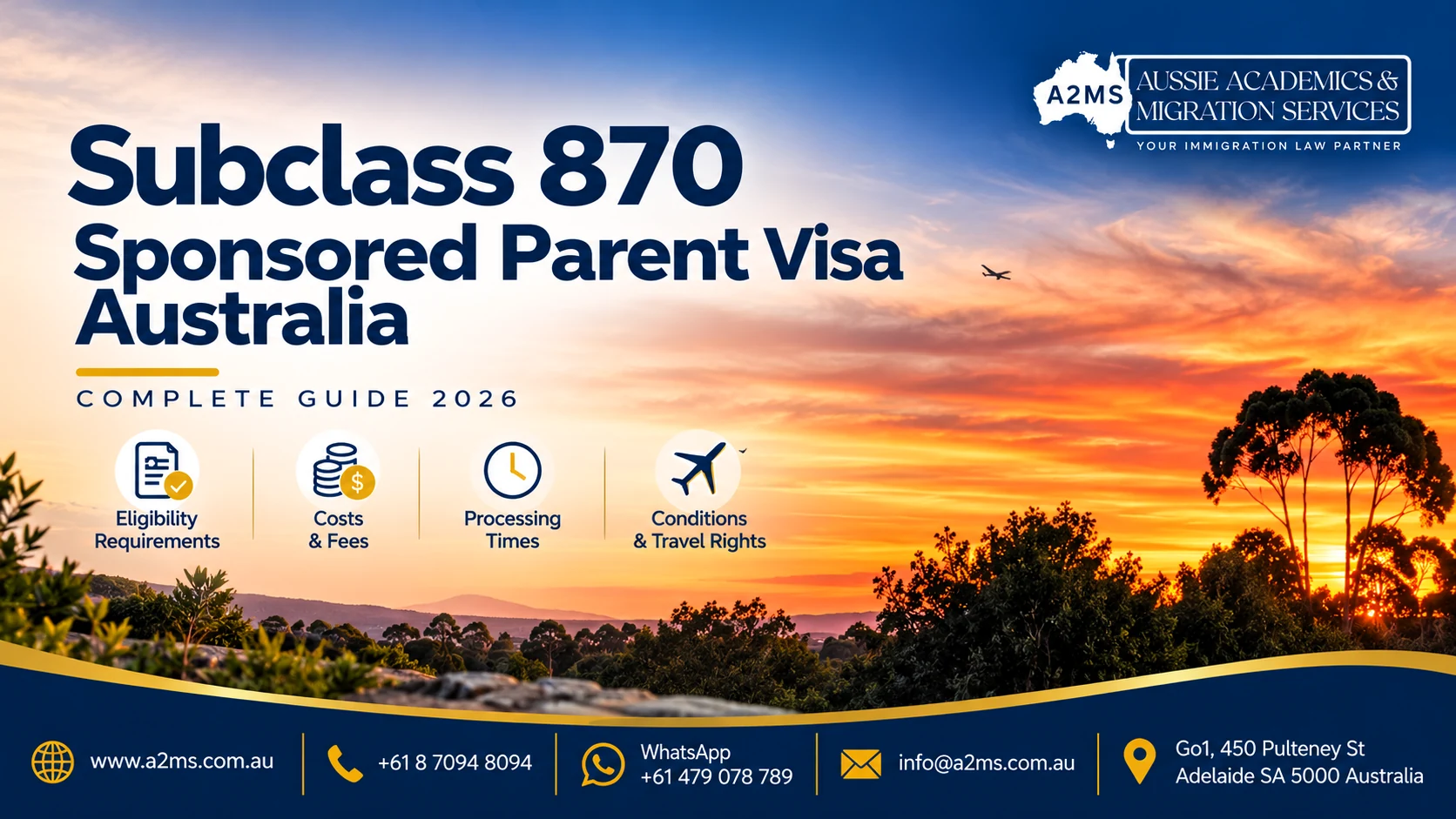 A2MS 2026 Sponsored Parent visa subclass 870 guide with Australian sunset landscape