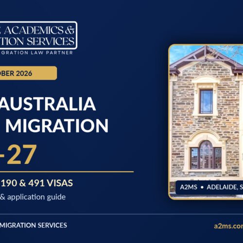 South Australia Skilled Migration 2026–27: ROI update and subclass 190 and 491 visa guide, featuring A2MS Adelaide office and official A2MS branding.