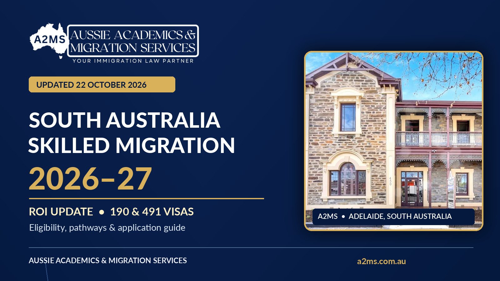 South Australia Skilled Migration 2026–27: ROI update and subclass 190 and 491 visa guide, featuring A2MS Adelaide office and official A2MS branding.